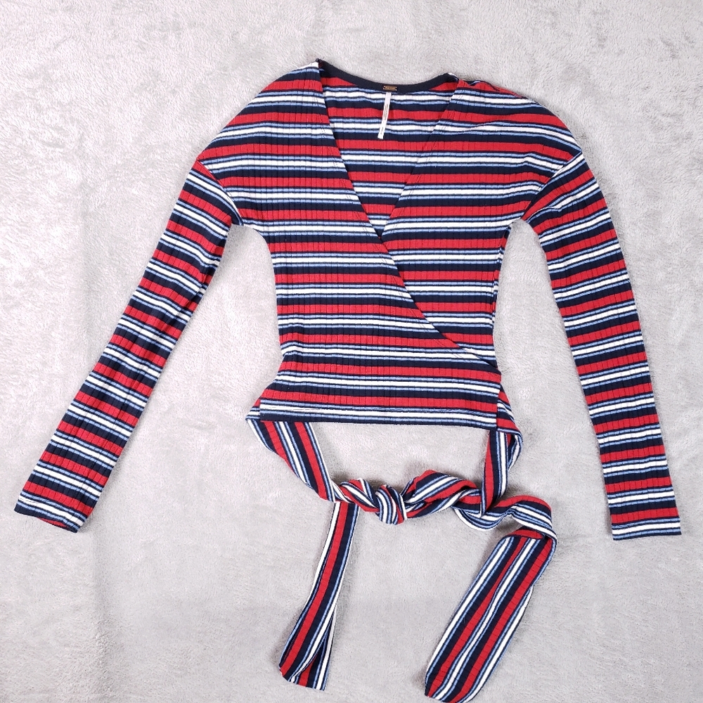 Free People Always With Me Faux Wrap Long Sleeve Tee S Red Blue White - Picture 1 of 9